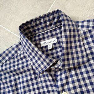 Peter Millar Dark Blue Gray Check Plaid Dress Shirt sz Large
